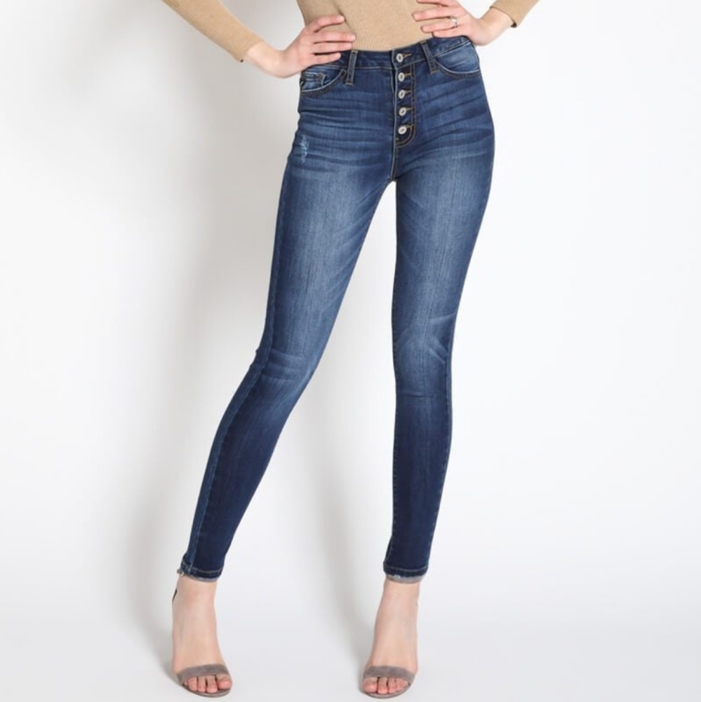KanCan Women's 24 High‎ Rise Button Fly Distressed Super Skinny Jean Dark Wash